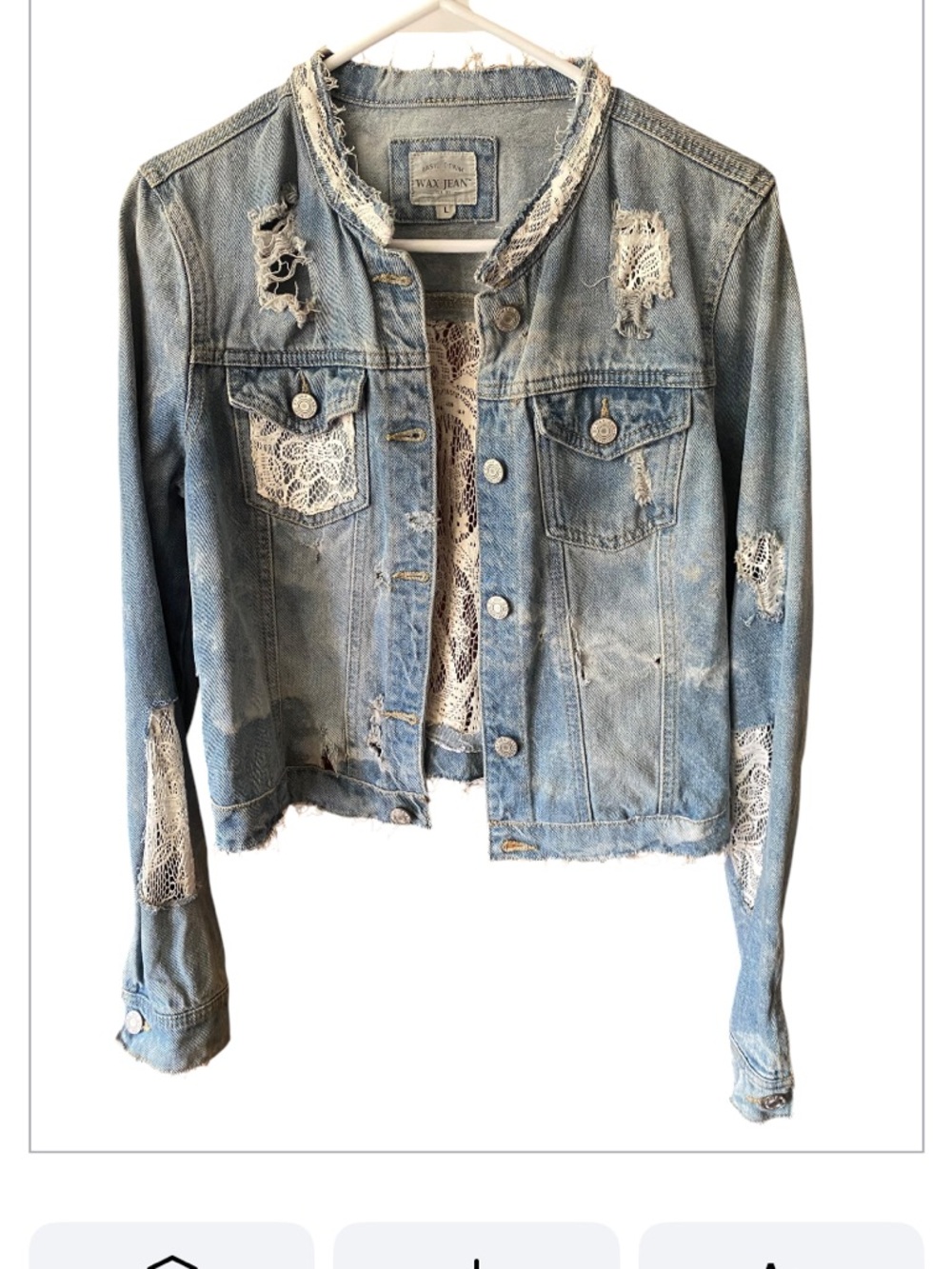 Upcycled Light Blue Distressed Denim Jacket with Lace Insets